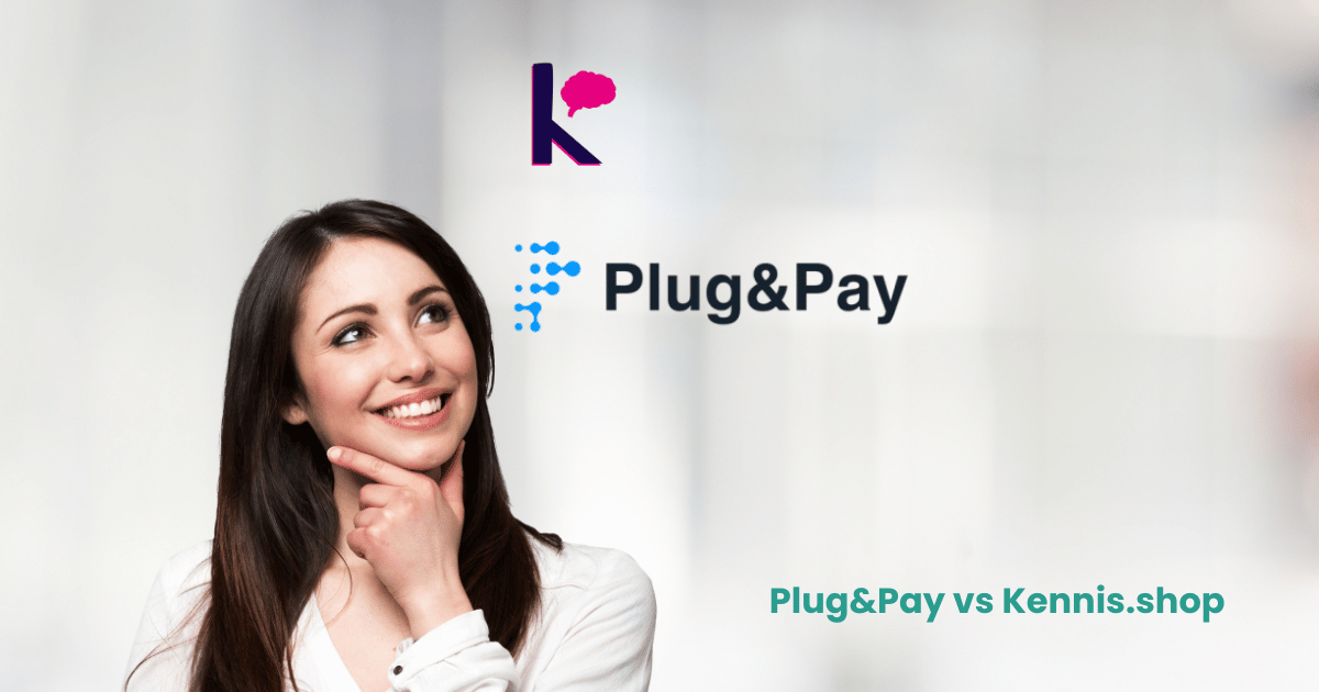 Vrouw die nadenkt over de keuze tussen Plug&Pay en Kennis.shop, twee betaal- en leeromgevingssystemen voor online ondernemers.