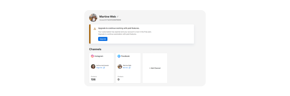 Manychat dashboard met Instagram koppeling