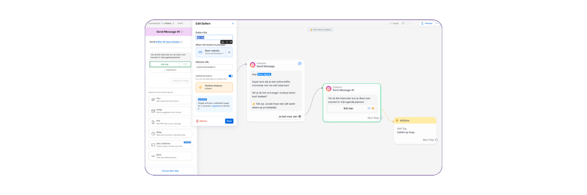 Manychat flow met knop en tag actie
