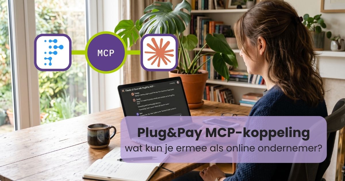 Plug&Pay MCP Koppeling, vrouw zit achter laptop en maakt landingspagina met Claude in Plug & Pay door middel van de MCP koppeling